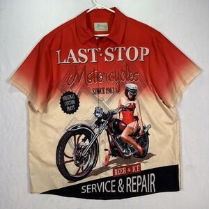 Vintage‎ Last Stop Motorcycles Hawaiian Shirt Mens 2XL Pin Up Biker Beer S/S 60s